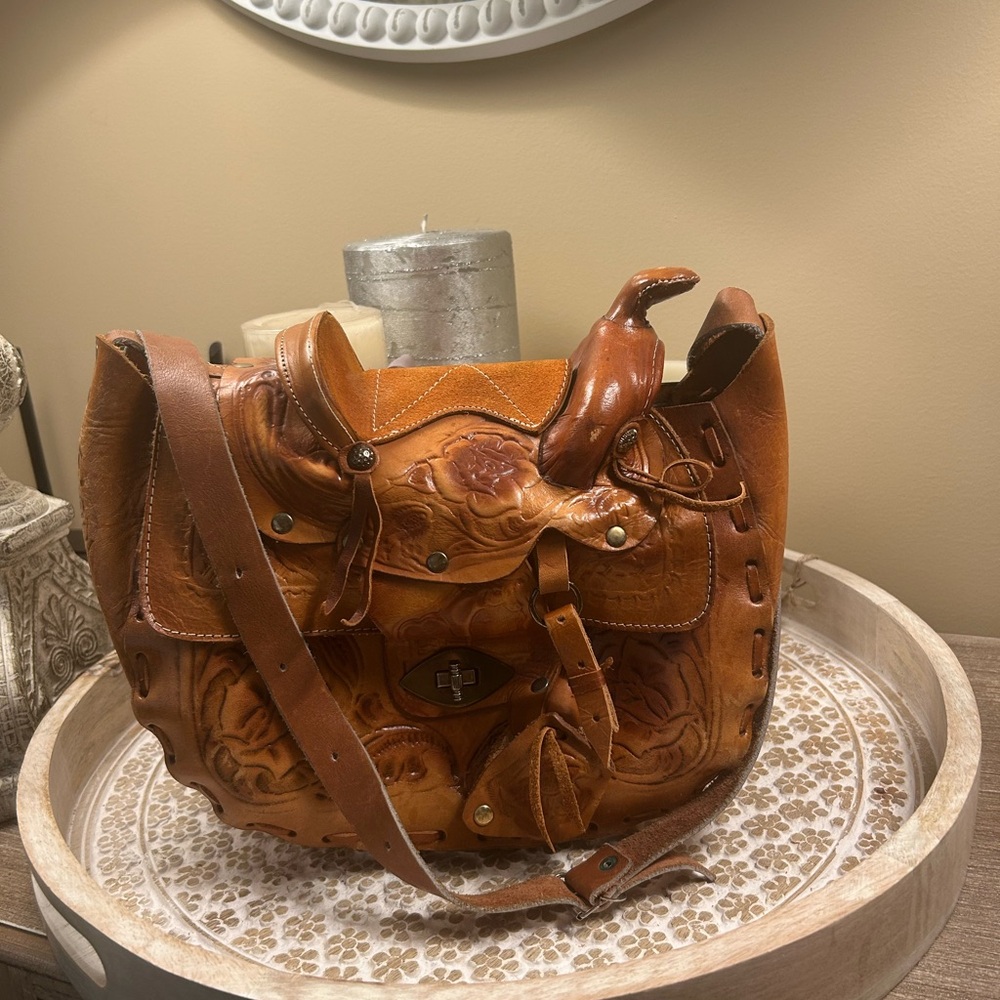 Hand-Tooled Leather Saddle-Style Crossbody Bag in Cognac Brown